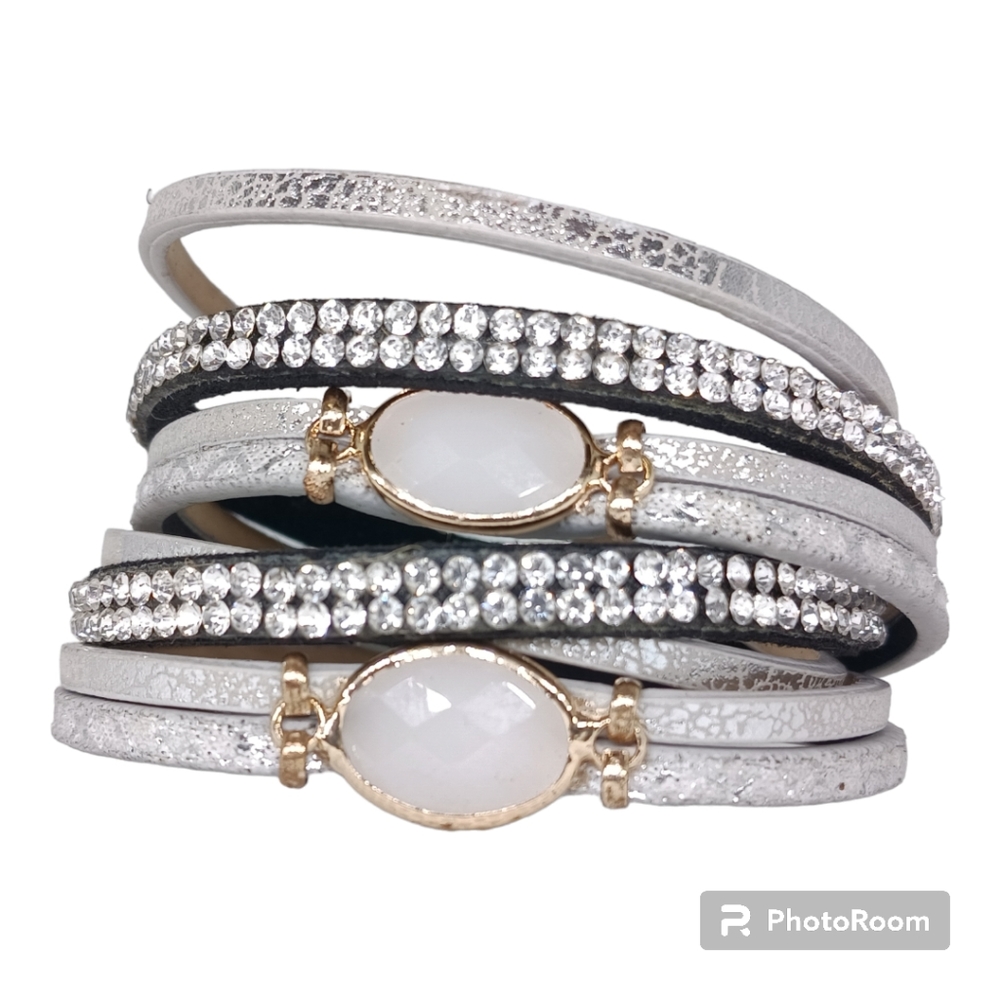 Plus-Size Available! Leather and crystal rhinestone cuff wrap bracelet